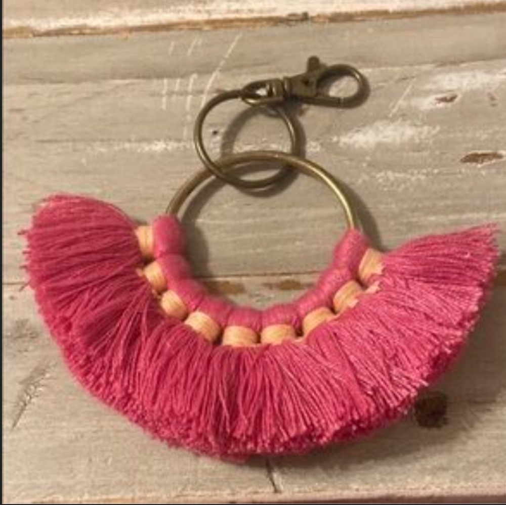 Pink Tassel Keychain/Bag Charm Boho Antique Brass